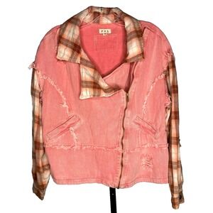 POL Denim Pink‎ Jacket women's Contrasting Plaid Collar and Sleeves Size Small